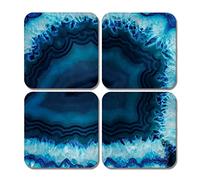 4 x Square Blue Agate Coasters - Marble Effect Ink Teal Design Set Theme Gift #78456