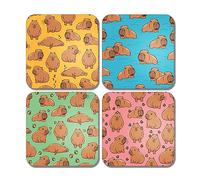 4 x Square Capybara Coasters - Wild Swimming Sleepy Rodent Illustration Animal Pup Kids Boys Girls Dad Mum Family Drinks Home Set #81060
