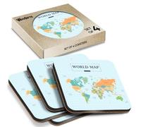4 x Square Coasters - Colour World Atlas Map Cork Backed MDF Glossy Tea Coffee Accessory #52722