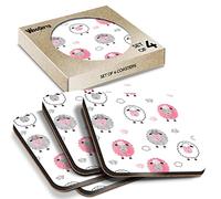 4 x Square Coasters - Sheep Pattern Pink Grey White Clouds Cork Backed MDF Glossy Tea Coffee Accessory #170870