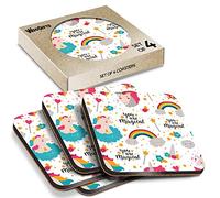 4 x Square Coasters - You Are Magical Unicorn Pattern Rainbow Hearts Cork Backed MDF Glossy Tea Coffee Accessory #170956