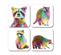 4 x Square Raccoon Coasters - Animals Rainbow Abstract Pop Art Drink Living Room Bedroom Coaster Kitchen New Home House Warming Set #80878