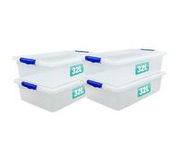 4 x Storage Boxes With Clip Lock Lids Sturdy 32 Litre Underbed Heavy Duty Clear Stackable Lockable Multipurpose Plastic Storage Box Indoor Outdoor Containers For Home,Office,Kitchen,Garage