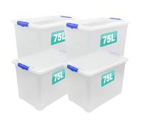 4 x Storage Boxes With Clip Lock Lids Sturdy Litre Heavy Duty Clear Stackable Lockable Multipurpose Plastic Storage Box Indoor Outdoor Containers Home,Office,Kitchen,Garage (4 x 75 Litre)
