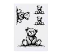 4 x 'Teddy Bear Sitting on Grass' Temporary Tattoos - Water Resistant, Skin-Safe, Non-Toxic Transfers, Mixed Sizes (TO00080150)