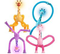4 x Telescopic Giraffe Toys for Kids Age 3+ - Light Up Stretchy Pop Tube Fidget Toy - Sensory & Educational Toddler Toy - Stretchable, Shape-Changing Tube - Stress Relief & Fun (Suction Cup Base)