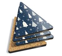 4 x Triangle Coasters - Navy Blue Christmas Tree Cork Backed MDF Glossy Tea Coffee Accessory #170689