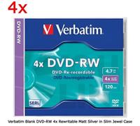 4 x Verbatim Blank DVD-RW 4x Rewritable Matt Silver Discs in 4 Slim JewelCases