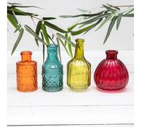 4 x Vintage Glass Patterned Bottle Flower Display Bud Vases Teal, Orange Green & Red Set