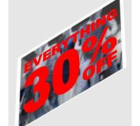 4 x wall window display sale sticker - everything 30 percent off - red cut off - self adhesive weather proof vinyl sticker label - size - 450mm x 280mm