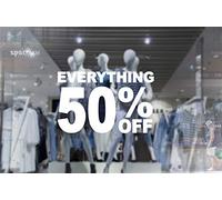 4 x Wall Window Display Sale Sticker - Everything 50 Percent Off - White Cut Off - self Adhesive Weather Proof Vinyl Sticker Label - Size - 450mm x 280mm