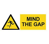 4 x WARNING - MIND THE GAP - Warning Sign Removable Self Adhesive Waterproof Durable Vinyl Label Sticker 225mm x 106mm