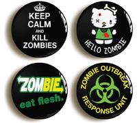 4 x"ZOMBIE" FUNNY JOKE HORROR BADGES PINS BUTTONS (1inch/25mm diameter)