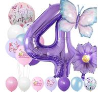 4 Year Set Number Foil Balloon, 22 PCS Blue Purple Birthday Party Decoration, Butterfly Flower Balloon for Girls Boys Festival