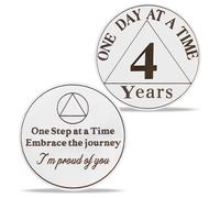 4 Year Sobriety Coin with PU Leather Keychain - One Day at a Time Recovery Token - One Step at a Time AA Medallion - Sober Affirmation Gift for Men & Women