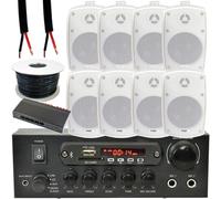 4 Zone Bluetooth Kit 8x 60W Outdoor White Speakers Stereo Amplifier Garden BBQ Loops White One Size