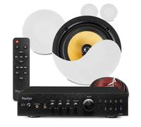 4-zone ceiling speaker system with amplifier - complete sound solution for homes. Includes four 8-inch coaxial ceiling speakers, 2-zone HiFi stereo amplifier, magnetic grilles, speaker cabling.