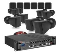 4-Zone Wall Mount Speaker System with 16 Ultra-Compact Full-Range 2.5" Black 100V Line Speakers, 120W 4-Zone Commercial Mixer Amplifier, Bluetooth, FM, USB/SD Playback, and Zone Control
