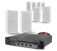 4-Zone Wall Mounted Speaker System with 8 Ultra-Thin White 100V Line Flat Speakers, 4-Zone Mixer Amplifier, 100m Cable, Bluetooth, and USB/SD Playback for Commercial PA Venues