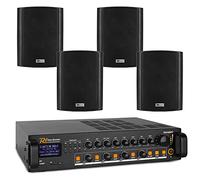 4-Zone Weatherproof Outdoor PA System with Amplifier, Bluetooth Audio Mixer, 8x 6.5" IP56 Black Speakers, FM Radio for Garden, Terrace, Marine & Public Address Setup