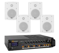 4-Zone Weatherproof Outdoor PA System with Amplifier, Bluetooth, MP3, FM Radio and 4x 6.5 Inch White Wall Speakers - IP56 Rated, Terrace Garden Audio Solution