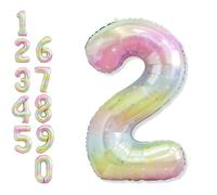 40'' 2 Balloon Number, Large Rainbow Foil Number 2 Balloons Birthday Party Decor, Mylar Self Inflating Multicolor Colorful Star Two Balloon for Girls 2nd Birthday Baby Shower Anniversary Decorations