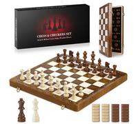40.5×40.5cm Magnetic Chess Set, Large Wooden Chess Board with Wooden Staunton Pieces & Checkers, Folding Travel Board Games with 2 Bonus Queens, Gift for Kids & Adults