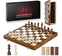 40.5×40.5cm Magnetic Chess Set, Wooden Chess Board with Checkers | Folding Travel Board Games with Wooden Staunton Pieces & 2 Bonus Queens, Gift Toys for Kids & Adults