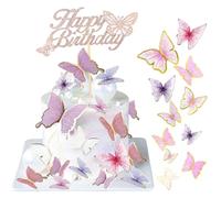 40 Butterfly Cake Decorations And 1 Rose Gold Happy Birthday Cake Topper, 3D Butterfly Cake Toppers Pink Purple Blue White Butterfly Decorations for Wedding Cake Birthday Cake Girl Women