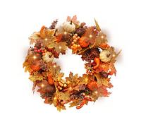 40 cm Autumn Door Wreath, Artificial Fall Maple Leaf Wreath for Front Door &Indoor, Christmas Large Harvest Wreath Decorations with Pumpkin& Berry for Halloween,Thanksgiving,Easter (With lights)