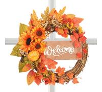 40 cm Autumn Wreath, Door Wreath, Artificial Thanksgiving Wreath, Handmade Sunflower & Pumpkin Decorative Wreath with Maple Leaves & Berries, Ideal for Front Door, Wall, Window, Fireplace
