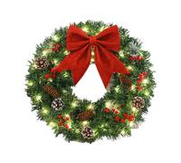 40 cm Christmas Wreath with Lights, Pre-lit Christmas Decorations, Artificial Rattan Wreath for Front Door, with Bow, Pinecones, Berries