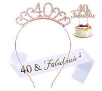 40 & Fabulous Sash & Rhinestone Tiara cake topper Set, Great Birthday Gifts,Rose Gold Birthday Sash/Tiara for Women's 40th Birthday Party Decoration (Rose Gold 40th)