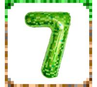 40" Giant Green Pixel Miner Number 7 Foil Balloons, Large MIning 7th Balloons Video Game Themed Party Decorations Supplies