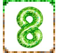 40" Giant Green Pixel Miner Number 8 Foil Balloons, Large MIning 8th Balloons Video Game Themed Party Decorations Supplies