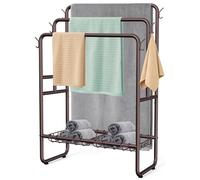 40" H Free Standing Towel Rack with 2 Storage Baskets & 6 Hooks, 3 Tier Silver Metal Towel Stand for Extra Large Towel, Modern Industrial Blanket Ladder Display and Drying Rack for Bedroom Bathroom