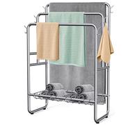 40" H Free Standing Towel Rack with 2 Storage Baskets & 6 Hooks, 3 Tier Silver Metal Towel Stand for Extra Large Towel, Modern Industrial Blanket Ladder Display and Drying Rack for Bedroom Bathroom