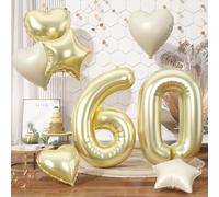 40 Inch 60 Balloon Number with Champagne Gold Cream Beige Heart Star Balloons Helium Foil for Women Men 60th Birthday Party Baby Shower Anniversary Party Decorations