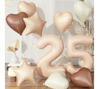 40 Inch Balloon 25, Nude Brown 25th Birthday Giant Balloon Decor, Foil Cream Beige Tan Neutral Sand White Star Heart Balloon for Women Birthday Wedding Anniversary Party Boho Decoration Supplies