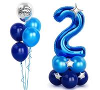 40 Inch Blue Number 2 Balloon with Happy Birthday Metallic Foil and Star - Self Inflating Helium for Boys Mens Birthday Party Decorations Anniversary