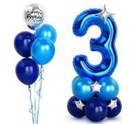 40 Inch Blue Number 3 Balloon with Happy Birthday Metallic Foil and Star - Self Inflating Helium for Boys Mens Birthday Party Decorations Anniversary