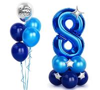 40 Inch Blue Number 8 Balloon with Happy Birthday Metallic Balloons and Star,Self Inflating Helium Foil Balloons for Boys Mens Birthday Party Decorations Anniversary