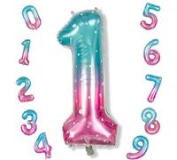 40 Inch Blue Pink Number 1 Balloon for 1st Birthday Decoration, Large Rainbow Mermaid Mylar Foil Number Balloons 0-9 for Girl, Starry One Helium Balloons for Women 1st Anniversary Magic Party Supplies