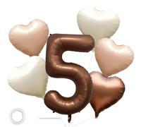 40 inch Chocolate Number 5 Birthday Balloons Brown Large Big Foil Helium Mylar Number Balloon with 5pcs Heart Balloons for first Five Year Girl Boy 5st Birthday Decor