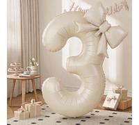 40 Inch Cream Number 3 with Bow Balloons, Giant Self Inflating Beige Foil Numbers 0-9 with Bow for 3rd Birthday Decoration, Ivory White Sand 3 Helium Balloons for Girls Women Birthday Party Supplies