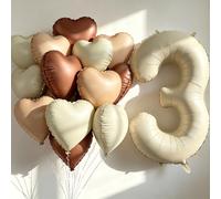 40 inch Cream Number 3rd Balloons 16 Pcs Large Foil Helium Number Balloon with Neutral Cream Caramel Beige Brown Heart Balloons for the 3 Year Old Girl Boy 3rd Birthday Party Decoration