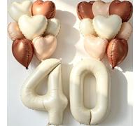40 inch Cream Number 40th Balloons 17 Pcs Large Foil Helium Number Balloon with Neutral Cream Caramel Beige Brown Heart Balloons for the 40 Year Old Girl Boy 40th Birthday Party Decoration