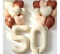 40 inch Cream Number 50th Balloons 17 Pcs Large Foil Helium Number Balloon with Neutral Cream Caramel Beige Brown Heart Balloons for the 50 Year Old Girl Boy 50th Birthday Party Decoration