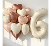40 inch Cream Number 6th Balloons 16 Pcs Large Foil Helium Number Balloon with Neutral Cream Caramel Beige Brown Heart Balloons for the 6 Year Old Girl Boy 6th Birthday Party Decoration