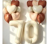 40 inch Cream Number 70th Balloons 17 Pcs Large Foil Helium Number Balloon with Neutral Cream Caramel Beige Brown Heart Balloons for the 70 Year Old Girl Boy 70th Birthday Party Decoration